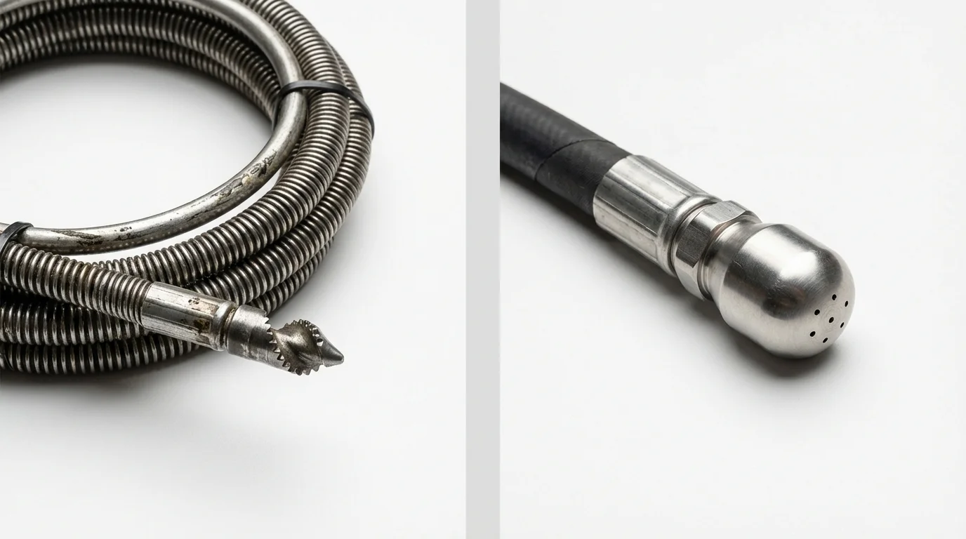 Drain snake cable and hydro jetting nozzle used for drain cleaning in Texico, NM
