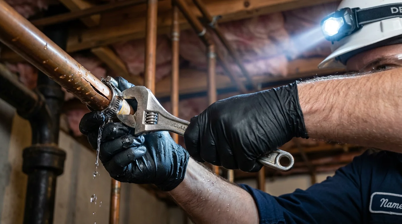 Emergency pipe clamp repair being performed by a Johns Plumbing LLC plumber in Texico