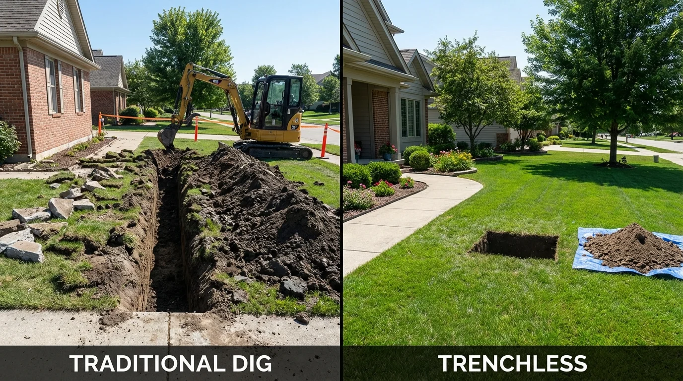 Trenchless sewer repair with minimal yard damage versus traditional excavation in Texico, NM