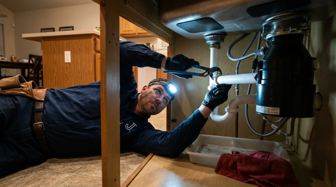 P-trap and supply line connections under a kitchen sink showing a common leak point in Texico, NM